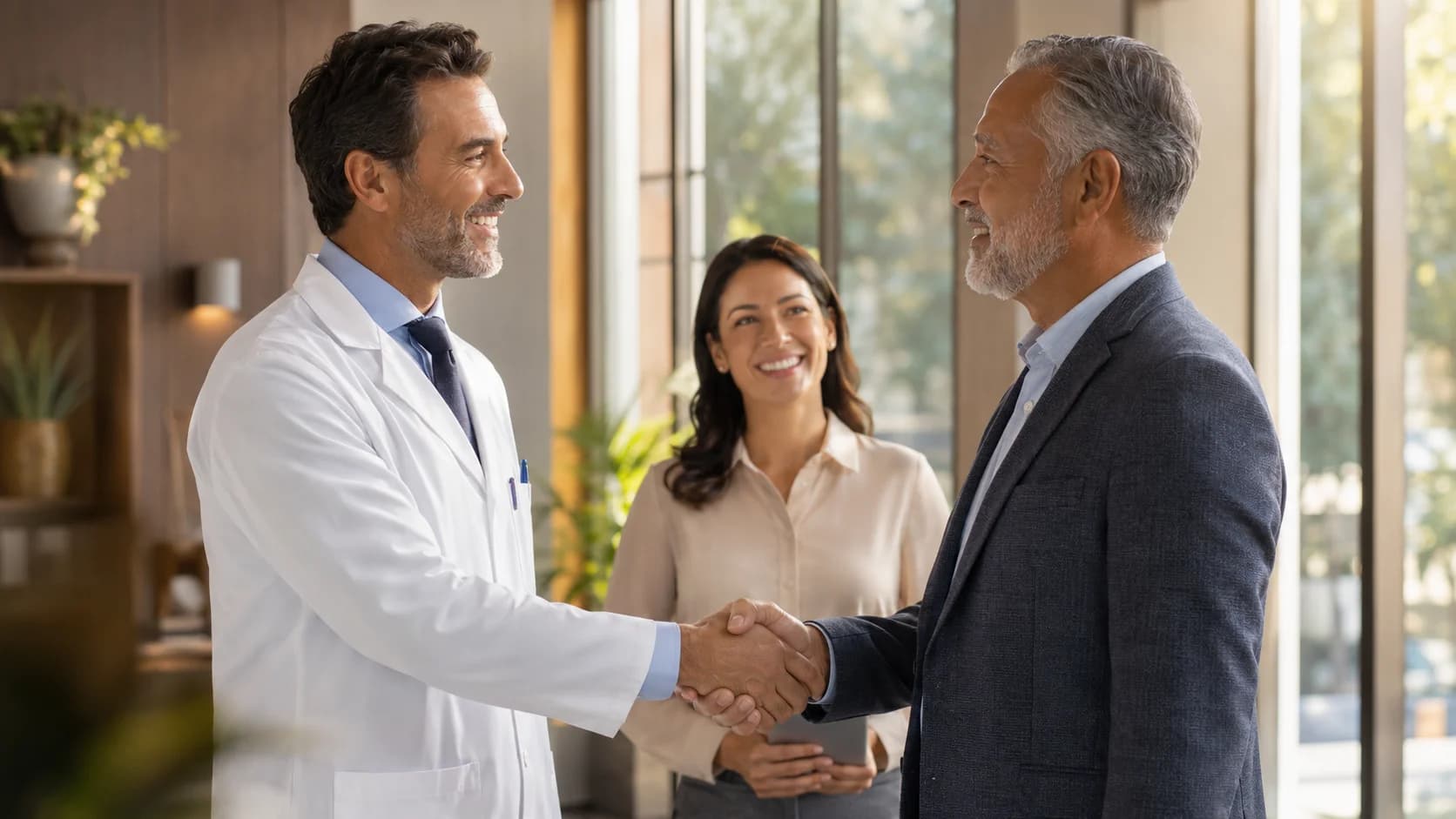 A clinician and an employer shaking hands in a bright office, a colleague smiling beside them.