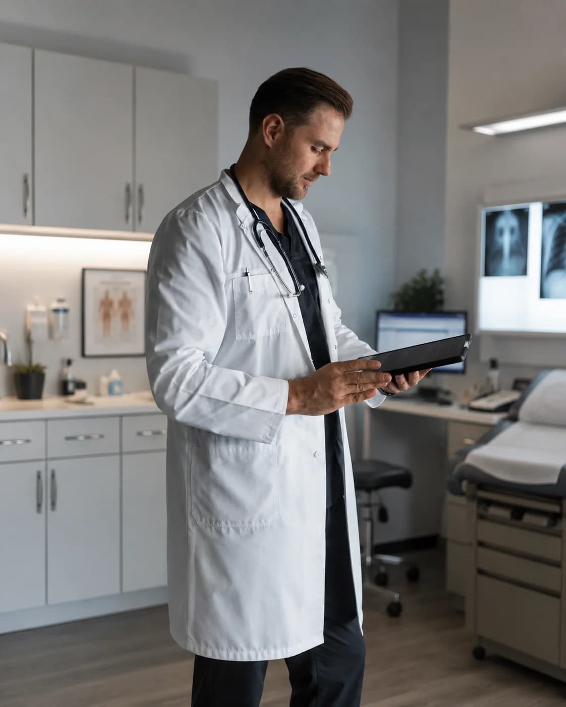 A physician reviewing a patient's care on a tablet.