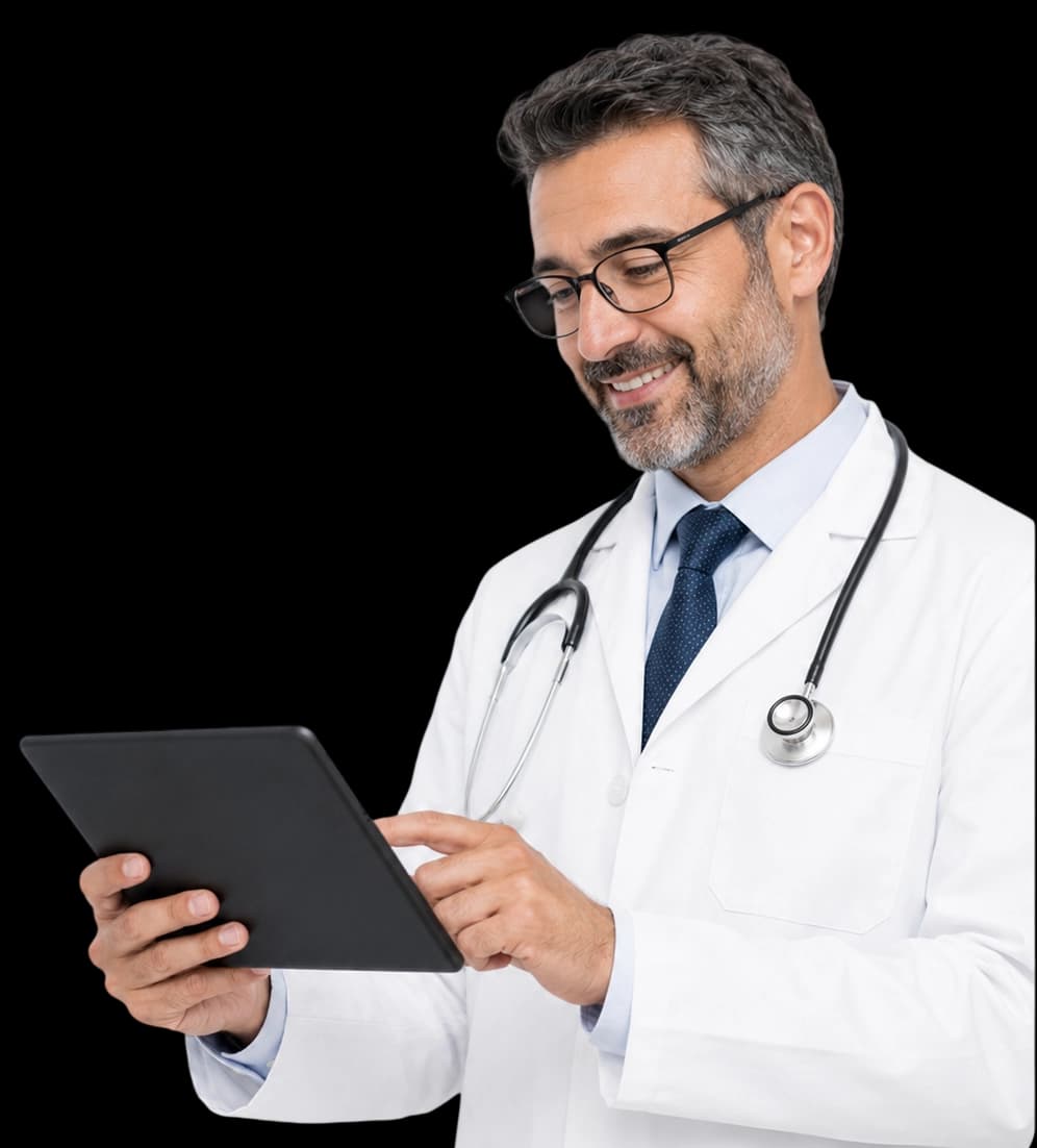 A clinician reviewing population health analytics on a tablet.