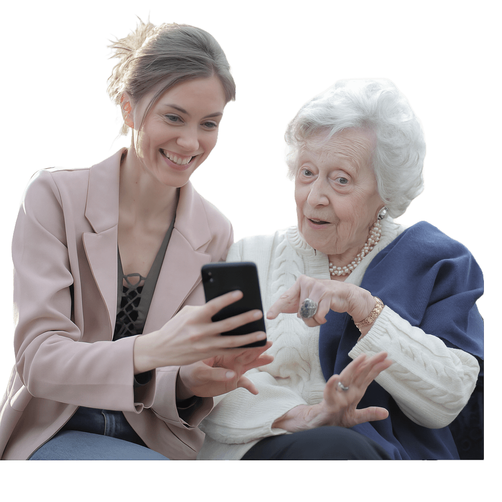 Young woman and elderly woman using phone