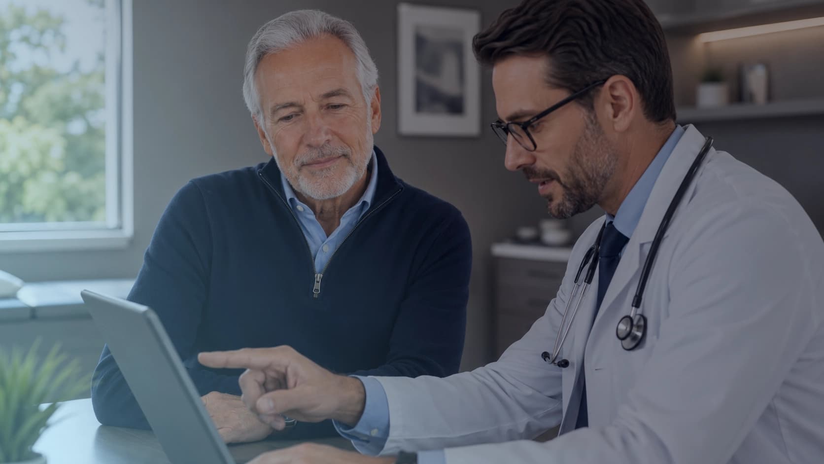 A patient and his doctor looking at a laptop together, reviewing his care.