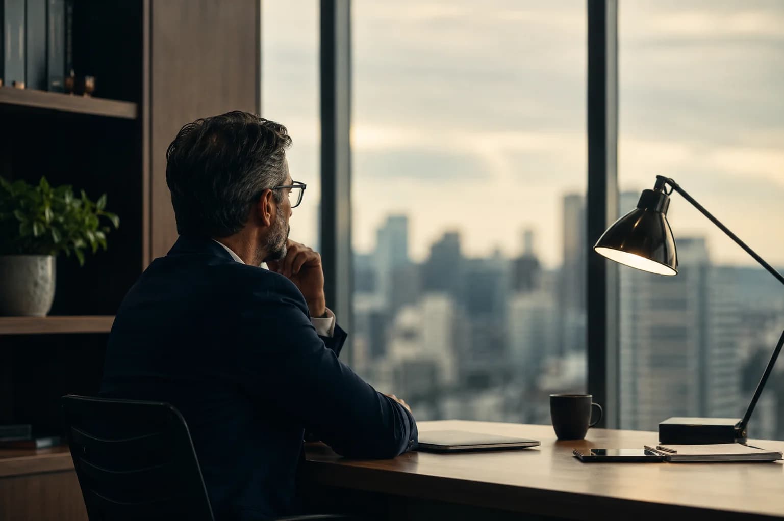 An executive alone at his desk at dusk, looking out over the city.