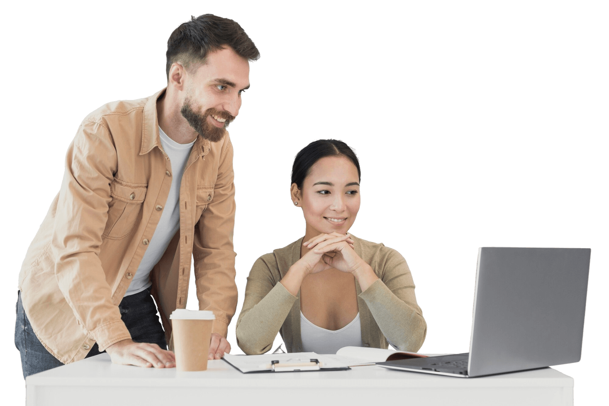 Two professionals collaborating at computer